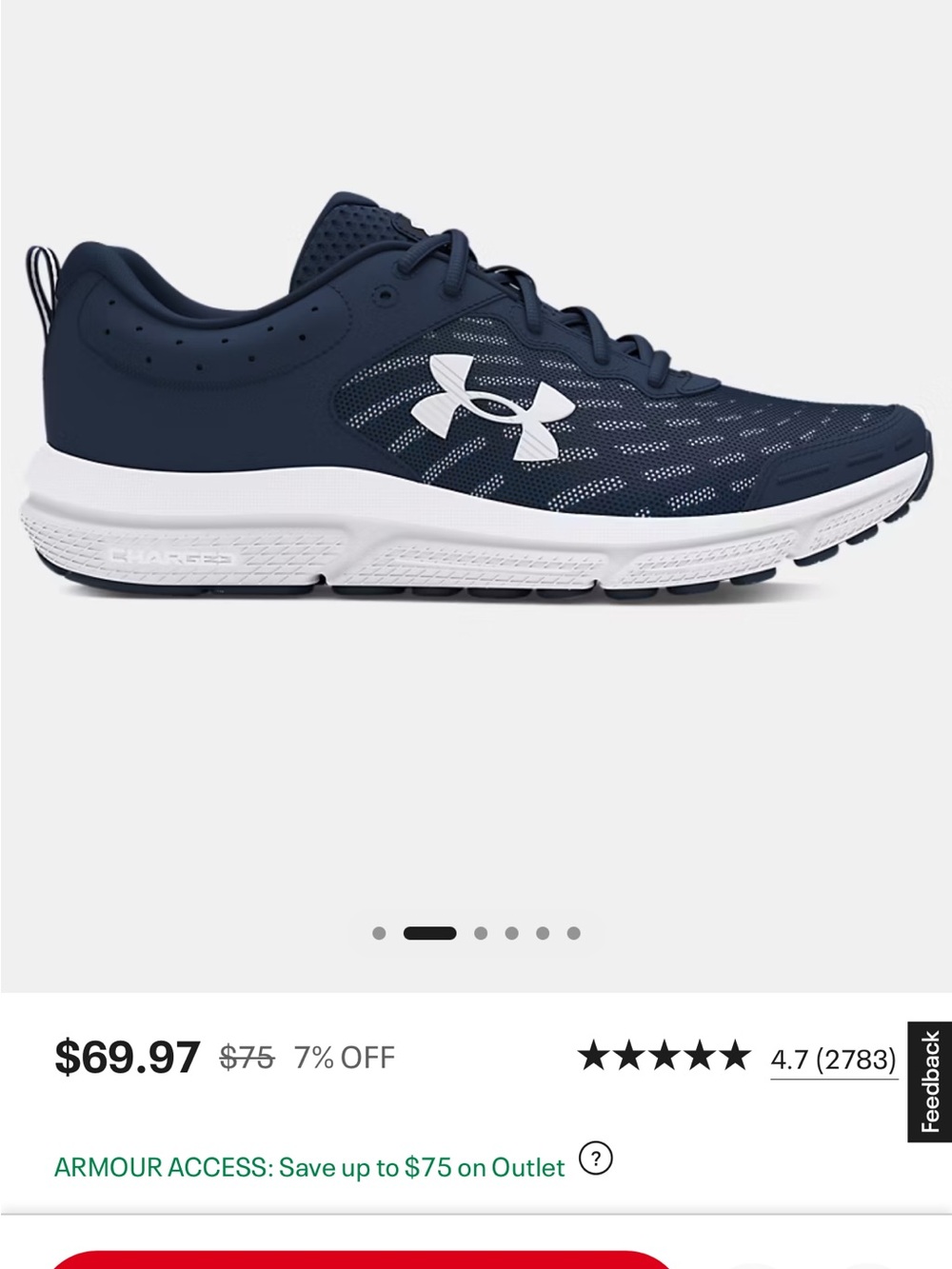 Under Armour Mens Charged Navy and White Athletic Sneakers